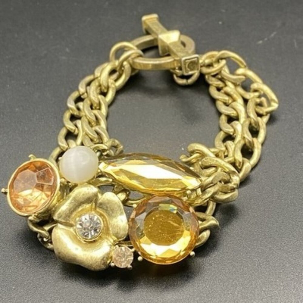 Chicos Gold Tone Chain Bracelet Toggle Clasp Cats Eye Glass Crystal Floral Fall - Picture 1 of 10